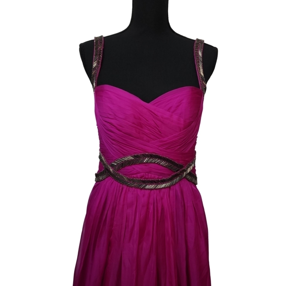 LUMIER BY BARIANO ACCENT CYLINDER SILVER PINK PLEATED CHIFFON MAXI DRESS SIZE 8